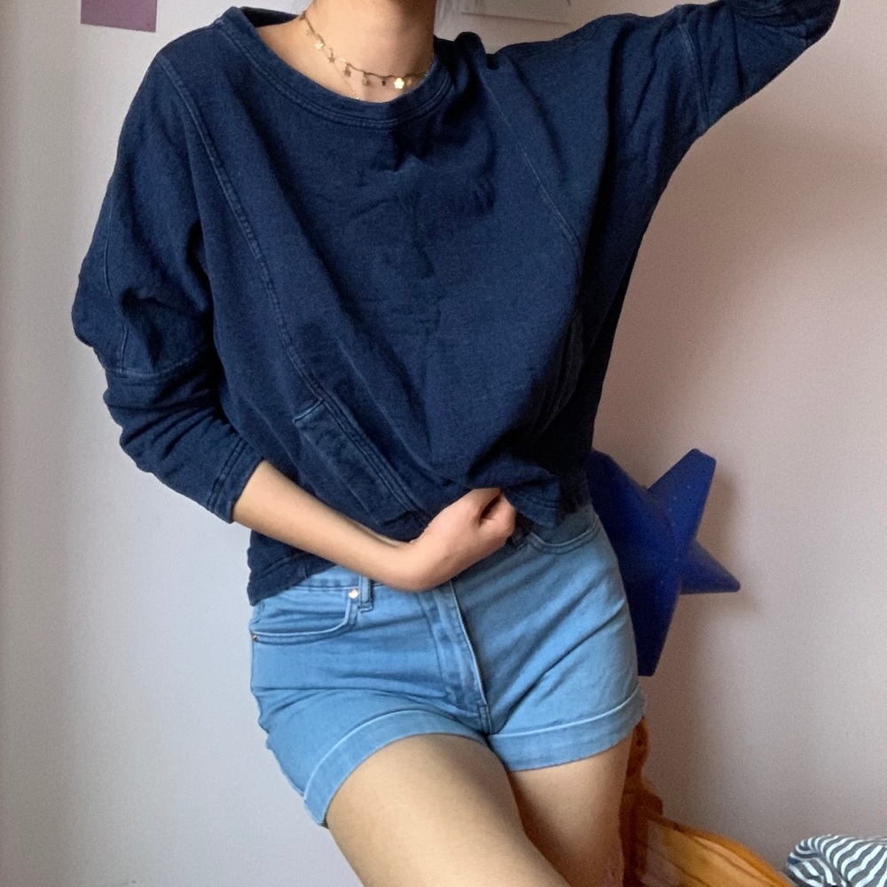 Denim Sweater with Pockets & Denim Stitching